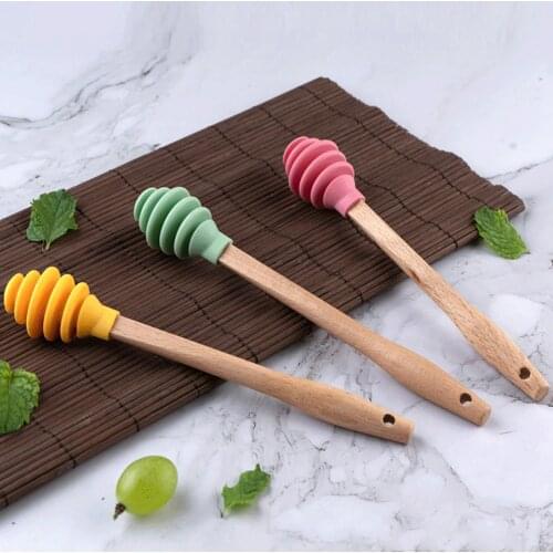 Wooden Long Handle Honey Dipper Stick Silicone Honey Spoon Sugar Mixing Stick for Honey Jar Coffee Tea Milk Safe Stir Kitchen