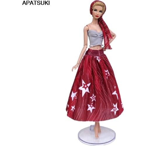 Fashion Doll Clothes Set For Barbie Doll Outfits Party Gown Gray Top & Red Star Midi Skirt & Scarf 1/6 Dolls Accessories