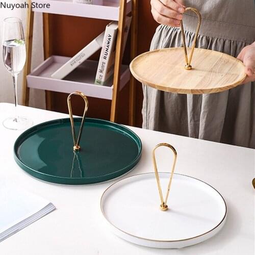 Creative Portable Ceramic Cake Tray Living Room Dessert Fruit Bread Tray Solid Wood Display Tray Desktop Home Decoration