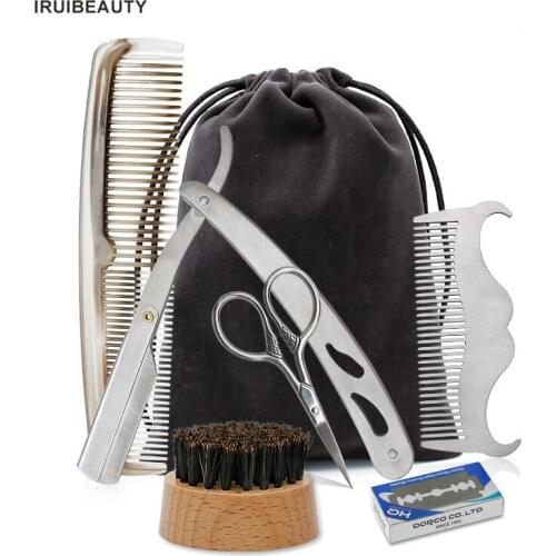 Mens Beard Repair 6 Piece Set Beard Trimming Comb Beard Brush Stainless Steel Template Tool Modeling Comb Cleaning Set