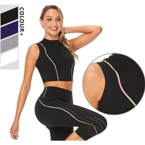 New yoga top womens high-bounce colorful sports sleeveless half-collar fitness running T-shirt set