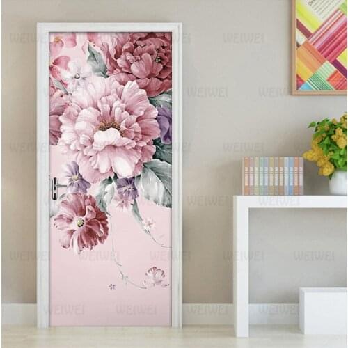 Pastoral Floral Flowers Door Sticker Mural Creative DIY Self-adhesive Wall Decals Wallpaper Living Room Bedroom Door Decoration