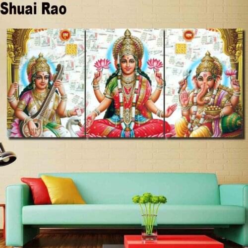 Full Square / round drills 5d 3 panel Diamond painting Saraswati Lord Ganesha God diamond mosaic Embroidery rhinestone gift