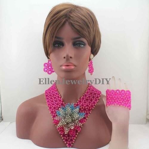 Amazing Hot Pink Beads Women Jewelry Necklace Set Indian Costume Bridal African Statement Jewellery Free Shipping W13361