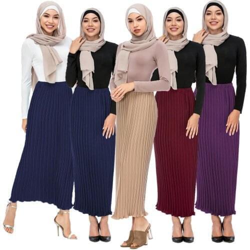 Fashion Women Pleated Long Skirts Muslim Bottoms Solid Color High Waist Maxi Skirt Islamic Arab Pencil Ruffle Skirts Arab Abaya