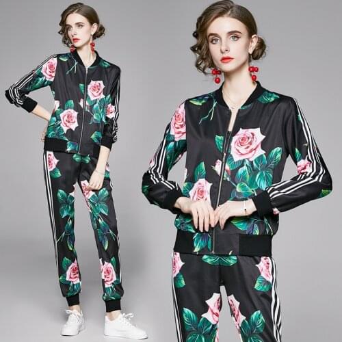 New Spring Fall Runway 2 Piece Womens Sets Vintage Floral Print Zippered Long Sleeve Top Jacket Coat Pants Tracksuits Outfits