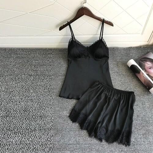 Women Satin Lace Mesh Sleepwear Homewear Nightwear Pyjamas Set Female Sexy Sleepwear Outfits 2PCS/Set