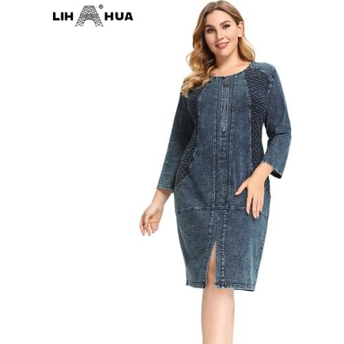 LIH HUA Womens Plus Size Denim Dress High Flexibility Slim Fit Dress Casual Knitted Denim Dress Fish Scale Denim