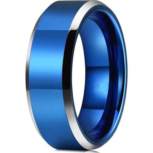 8mm Blue Gold Color Stainless Steel Wedding Band For Men Women Engagement Ring Center Brushed Beveled Edges Polished Comfort Fit
