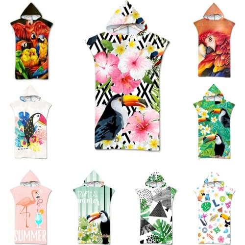 Free shipping Tropical Flower Monstera Parrot Toucan Flamingo Aloha Adult Children Hooded Towel Pool Bath Beach Towel Poncho