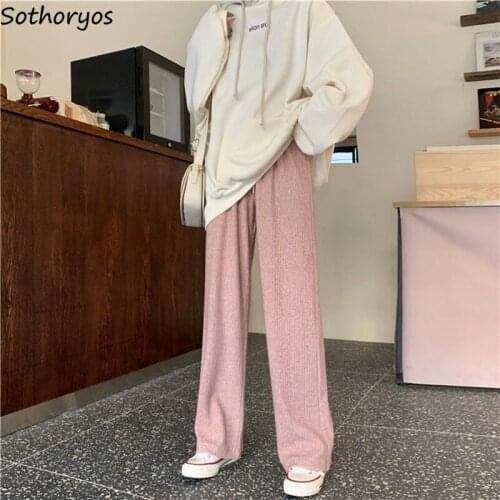 Casual Pants Women High Waist Wide Leg Solid Trousers Womens Chic Fashion Leisure Thicker Knitted All Match Ins Elegant Pant New
