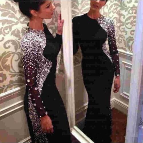 Black Muslim Evening Dresses Mermaid Long Sleeves Beaded Crystals Islamic Dubai Saudi Arabic Long Elegant Evening Gown