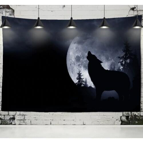 Black Tapestry Wolf Moon Background Wall Hanging Lonely Wolf Howled Tapestry Home Decor Beach Mat Animals Wolf Tapestry