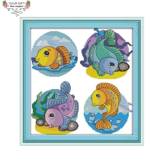 Joy Sunday C717 Counted and Stamped Home Decor Four Small Goldfish Needlework Needlepoint Embroidery DIY Cross Stitch kits