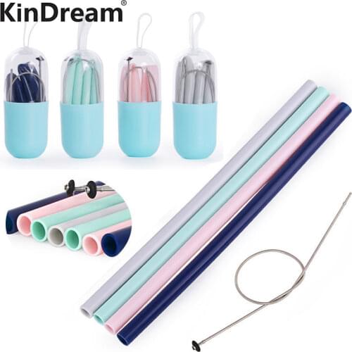 New Reusable Food Grade Silicone Straw Outdoor Portable Foldable Drinking Straw With PP Luxury Carrying Case and Cleaning Brush