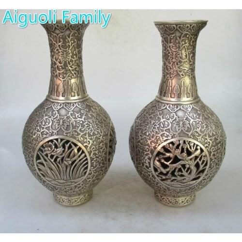 Collectible 1 Pair of Chinese Ming/Qing Dynasty Decorated Old Handmade Tibet Silver Flower Birds Vase/Antique Metal Vase