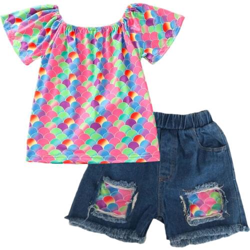 Kids Girls Clothes Set Toddler Girls Summer Polka Dot Print Top+Denim Shorts 2PCS Girl Outfit Children Clothing Set