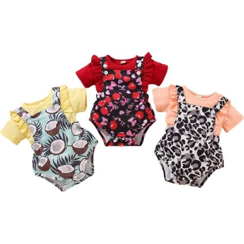 Two Piece Baby Newborn Outfits Solid Ruffle Short Sleeve O Neck Tops Print Suspender Shorts Infant Toddler Summer Sets 0-12M