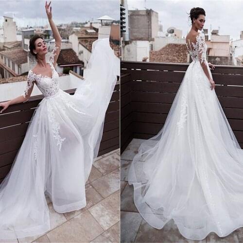 Fashion 2 In 1 A-Line Wedding Dresses With Detachable Skirt Lace Appliques 3/4 Sleeves Two Pieces Bridal Gowns