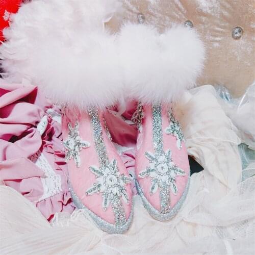 New style hand-stitched handmade diamond real fox fur super beauty pointed inner plush snow boots