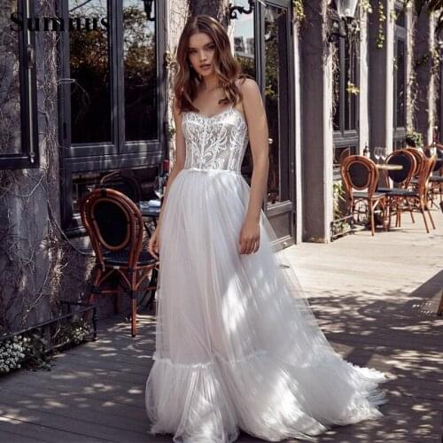 Sumnus Beach Wedding Dresses Spaghetti Lace Appliqued A Line Bohemian Wedding Gown With Wrap Custom Made Bridal Dress