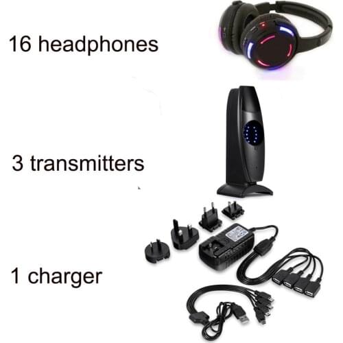 Complete Prefessional Silent Disco Sound System 16 Headphones with 3 Transmitters