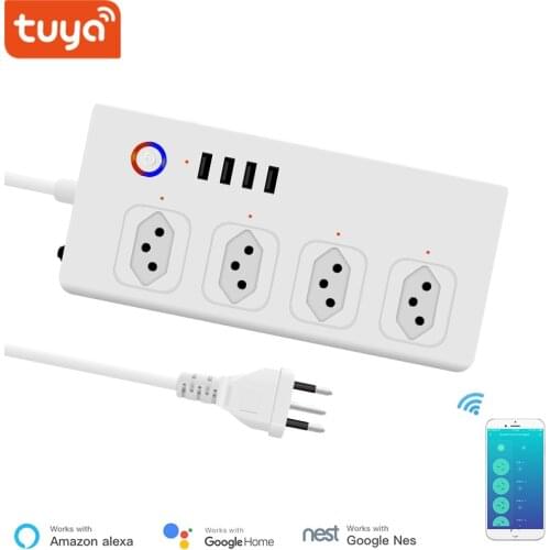 Tuya Smart Brazil Power Strip WiFi Brazil Socket 4 Plug 4 USB Individual Control Work with Alexa Google Nest Surge Protector