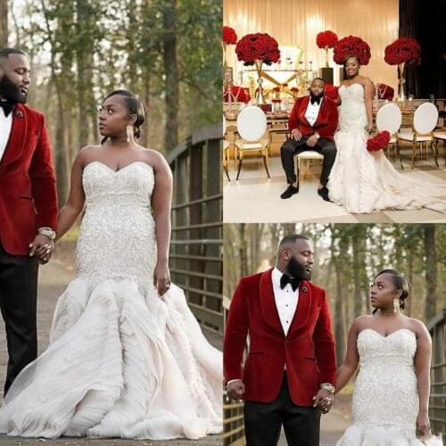 African Plus Size Wedding Dresses Lace Applique Beads Ruffles Vintage Mermaid Wedding Dress Vestito Tiers Country Brida