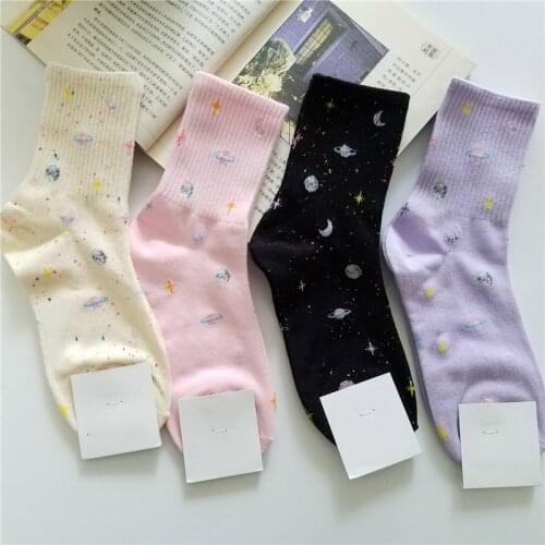 Harajuku Planet Point Yarn Funny Socks Japanese Creative Moon Stars Socks Women Warm Cute Novelty Femme Sokken Meias