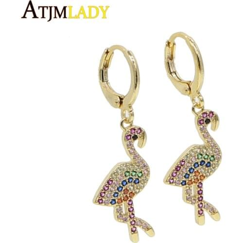 Luxury stunning Women Jewelry Gold Filled colorful rainbow cz paved Beautiful cute flamingo drop earring