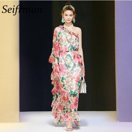 Seifrmann Women Summer Fashion Runway Holiday Long Dress Sexy One-Shoulder Ruffles Floral Print Elegant Ladies A-Line Dress