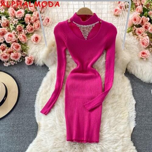ALPHALMODA 2021 Halter-neck Necklace Chain Women Vintage Knitted Dress Slim Fit Ladies Autumn Winter Sweater Dress