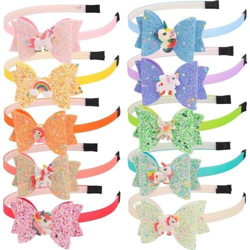 1PC Rainbow Glitter Hair Bows Hairband for Girls Princess Headbands 3inch Unicorn Bows Hairband Party Hair Accessories
