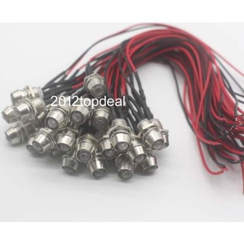 10-100pcs 5mm 12V colorful pre-wired LED Metal Indicator Pilot Dash Light Lamp Wire Leads
