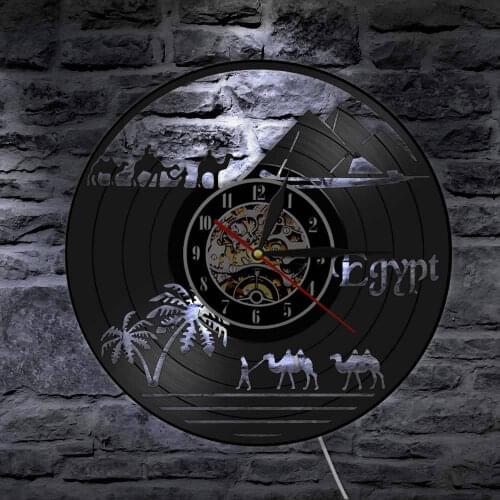 Egypt Theme Pyramid Vintage Vinyl Record Wall Clock Watch Sahara Desert View Camel Decorative Clock Unique Africa Travel Gift