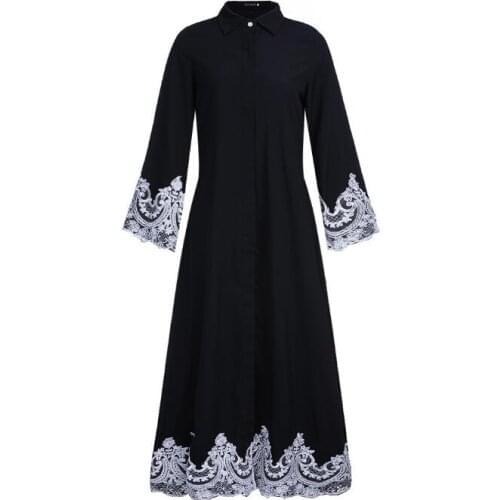 Elegant Single-breasted Muslim Dress 2021 Indie Folk Muslim Patchwork Lace Dresses Long Sleeve Party Dresses Women Maxi Dress