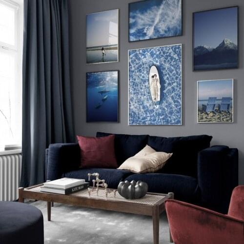 Blue Mountain Beach Sea View Canvas Painting Nordic Sexy Surfing Girl Posters and Prints Wall Art Pictures for Living Room Decor