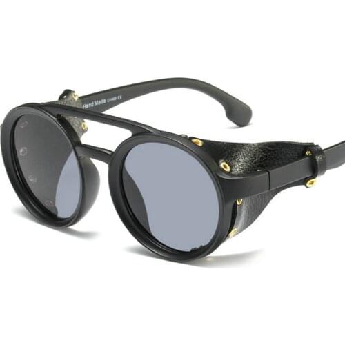 Round Sunglasses Women Men 2019 Luxury Brand Vintage Sun Glasses Man Leather Decoration Frame Glasses Black Shield Hip hop NX