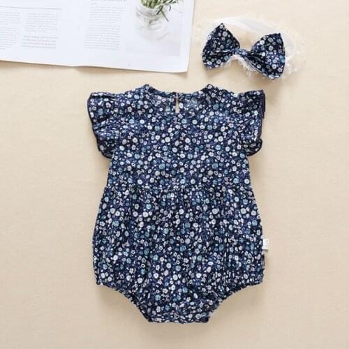 Summer New Baby Girl Rompers 2pcs Set Floral Flying Sleeve Romper+headhand Baby One-Piece Crawling Clothes Baby Outdoor Clothing