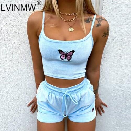 LVINMW Butterfly Embroidery Solid Casual Slim Sports Women Two Piece Set Sleeveless Short Cami Drawstring High Waist Shorts