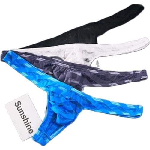 Mens Mesh Transparent Briefs Ultra-Thin Non-Trace Striped Perspective Underpants Big U Convex Pocket Sexy Home Wear Underwear