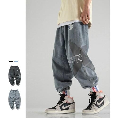 2021 Autumn Men Print Jeans Fashion Loose Baggy Belted Harem Pants Men Hip Hop Jeans Pants Men Streetwear Trousers