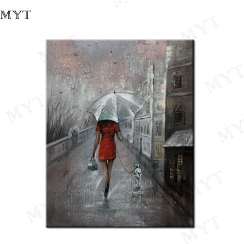 MYT Girl In Red Dress Holding Umbrella In Rain 100% Handpaited Modern Home Decoration Painting Wall Art Picture For Living Room