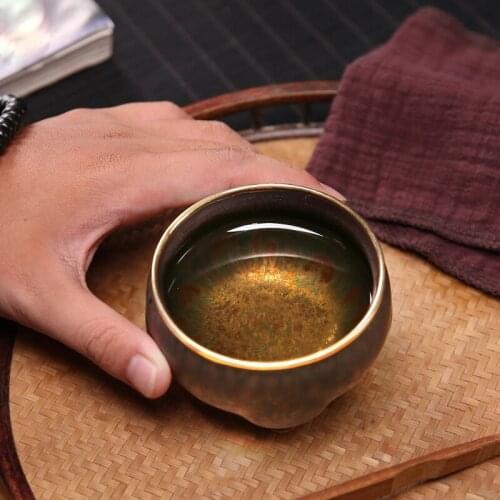 Hand Painted Gold Jianzhan Tea Cup Set Tianmu Glaze Oil Drop Kung Fu Teacups Ceramic Tea Bowl Drinkware Chinese Large Cup Crafts