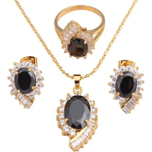 Cool Fashion Jewelry Set Black Onyx Zirconia Inlay yellow gold tone Excellent Necklace Earrings Ring sz #6#7#8#9#10 JS569A