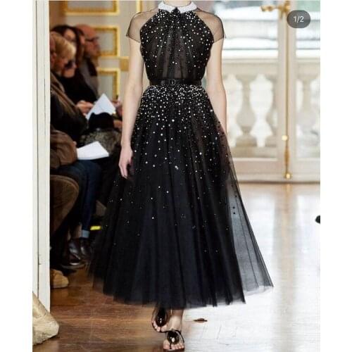 New Arrival Black Dubai Arabic evening dress 2021 Cap sleeve evening gowns Beaded Crystals Formal dresses evening party