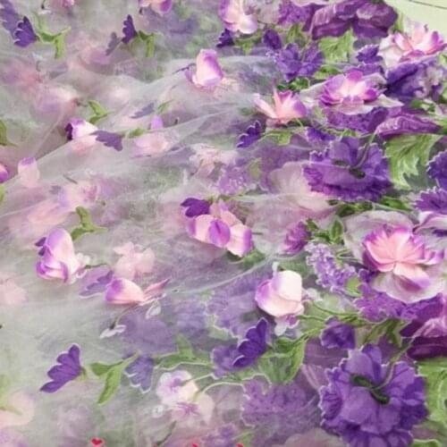 Organza 3D Flowers Embroidered Tulle Lace Fabric Lilac French Print Flowers lace for wedding Dress, Couture gowns, dance Prom
