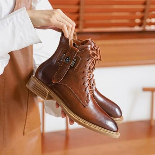 Osunlina 2021 Retro Short Boots Cow Leather Round Toe Low Square Heels Lace up Comfortable Martin Boots Autumn Winter Shoes