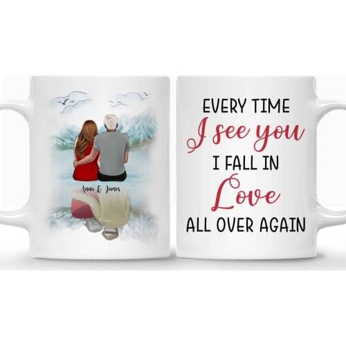 Couple Personalized Mug Custom Made Coffee Cups Gift for Wife Husband DIY Fall In Love All Over Again 11/15 Oz RR2009