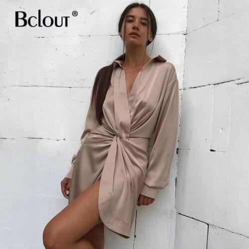 Bclout Satin Puff Sleeve Turn Down Collar Shirt Dress Autumn Across Khaki Sexy Bodycon Pleated Short Dress Asymmetrical Robe
